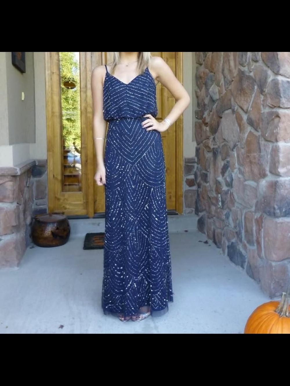 Adrianna Papell Navy Beaded Spaghetti Strap Maxi Dress